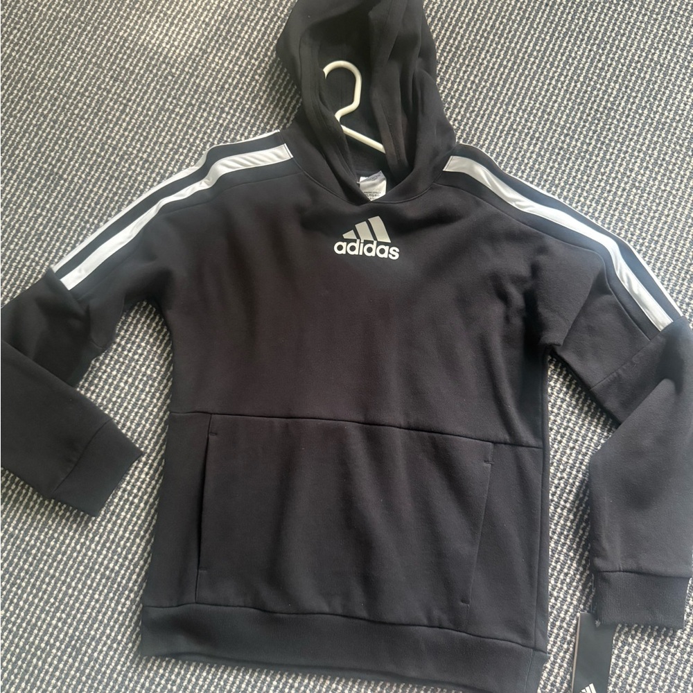 Adidas Black and White Hoodie Sweatshirt with Three-Stripe Design